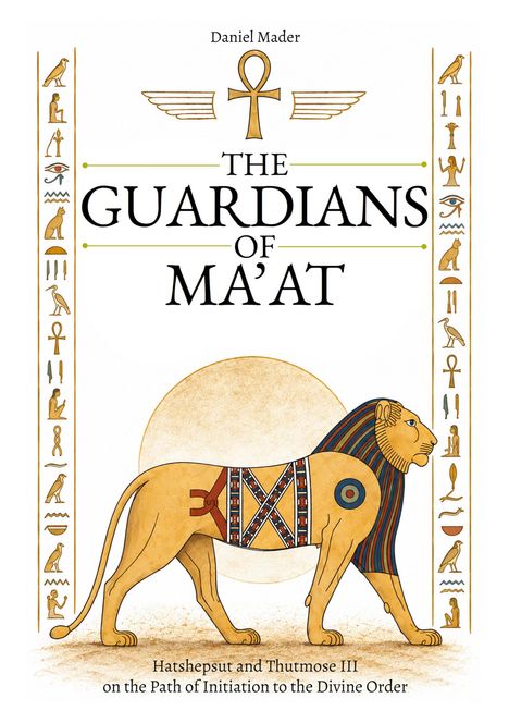 Text: "The Guardians of Ma'at." Illustration: Ein Löwe mit ägyptischen Symbolen, flankiert von Hieroglyphen.