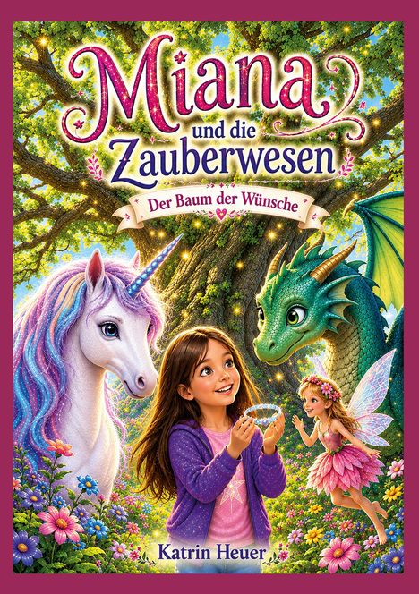 "Miana und die Zauberwesen, Der Baum der Wünsche, Katrin Heuer." Mädchen mit Einhorn, Drache und Fee vor einem leuchtenden Baum.