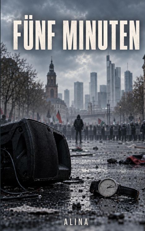 "FÜNF MINUTEN", "ALINA". Eine nasse Straße mit umgestürztem Lautsprecher, Uhr zeigt 14:12. Im Hintergrund eine Demonstration.