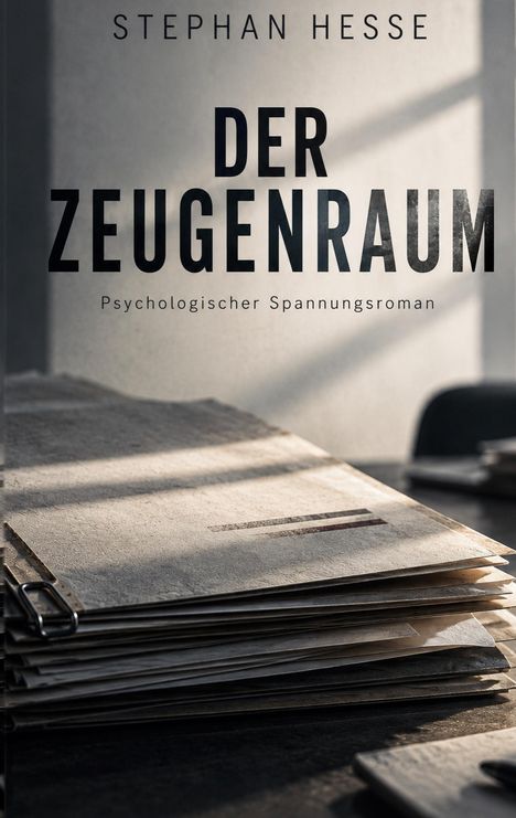 „Stephan Hesse, Der Zeugenraum, Psychologischer Spannungsroman“; stapel Akten in Sonnenstrahlen.