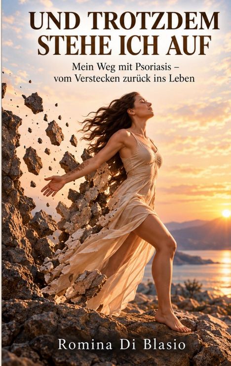 Text: "UND TROTZDEM STEHE ICH AUF. Mein Weg mit Psoriasis – vom Verstecken zurück ins Leben. Romina Di Blasio."  
Eine Frau in einem fließenden Kleid vor Sonnenuntergang.