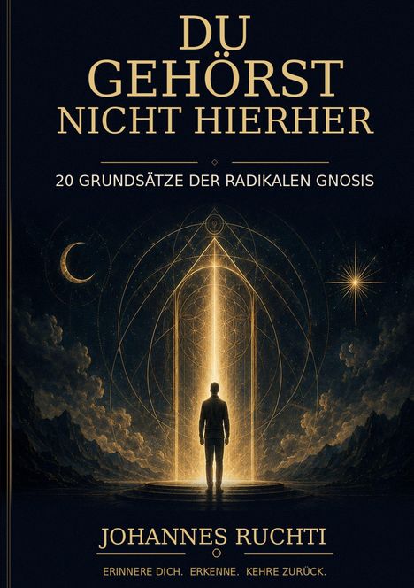 "DU GEHÖRST NICHT HIERHER" und "20 Grundsätze der radikalen Gnosis". Silhouette vor einem leuchtenden Tor.