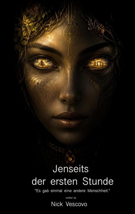 Text: "Jenseits der ersten Stunde" und "Es gab einmal eine andere Menschheit." Gesicht mit goldenen Mustern und leuchtenden Augen.