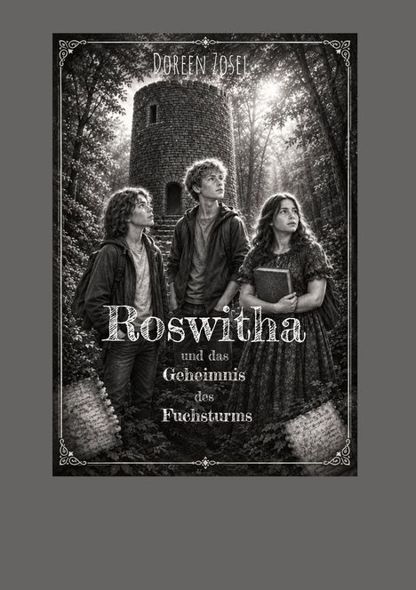 "Roswitha und das Geheimnis des Fuchsturms" zeigt drei Personen vor einem alten Turm in einem dichten Wald.