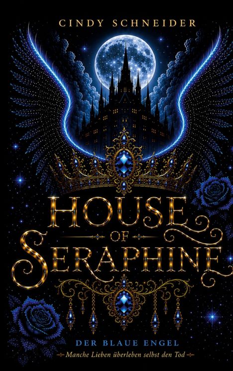 "House of Seraphine", darunter "Der blaue Engel", ein Schloss mit Engelsflügeln vor einem Vollmond, verziert mit Juwelen.