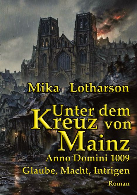Text: "Mika Lotharson: Unter dem Kreuz von Mainz, Anno Domini 1009, Glaube, Macht, Intrigen, Roman."
Hintergrund: Gotische Kathedrale in stürmischer Szenerie.