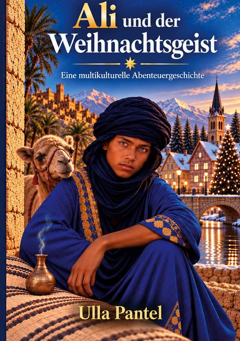 "Ali und der Weihnachtsgeist" - Eine multikulturelle Abenteuergeschichte. Junge in blauer Kleidung neben Kamel, Winterlandschaft.