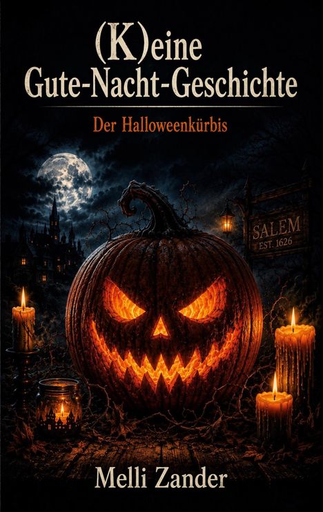 Gruselige Kürbis-Illustration mit leuchtendem Gesicht, Kerzen und einem Schloss, Titel "(K)eine Gute-Nacht-Geschichte".