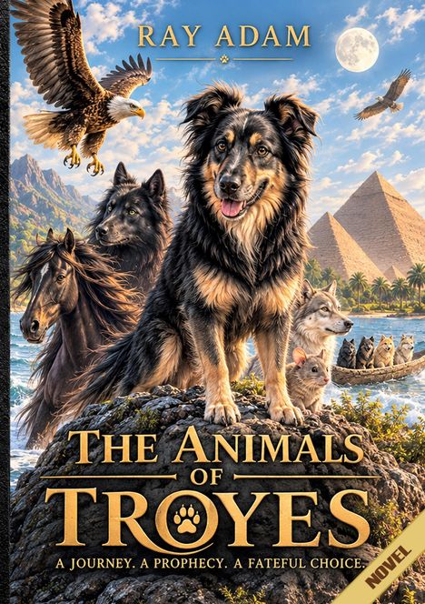 "The Animals of Troyes" und "A Journey. A Prophecy. A Fateful Choice." Ein Hund, Adler, Wölfe, Pferd, Maus; Pyramiden, Mond.