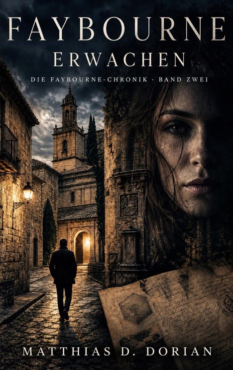 „Faybourne Erwachen. Die Faybourne-Chronik. Band Zwei. Matthias D. Dorian.“ Wettergegerbte Gasse, Frauengesicht, alte Gebäude.