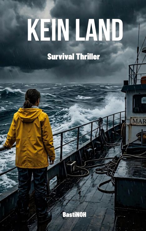 Text: "KEIN LAND", "Survival Thriller", "BastiNOH". Eine Person in gelber Jacke auf stürmischer See, an Bord eines Schiffes.