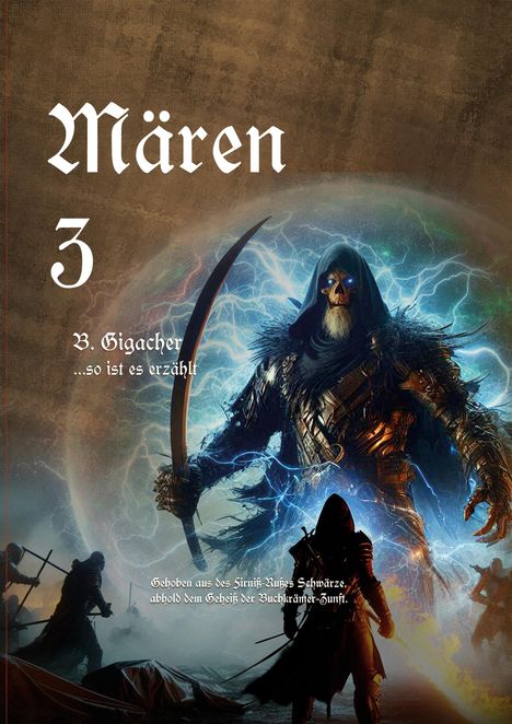 "Mären 3, B. Gigacher ...so ist es erzählt." Illustration: Ein Skelett mit Kapuze und Sense vor leuchtendem Hintergrund.