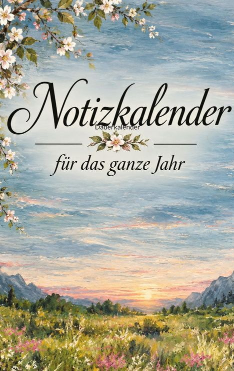 "Notizkalender Dauer­kalender für das ganze Jahr." Eine malerische Landschaft bei Sonnenuntergang mit Blumen.