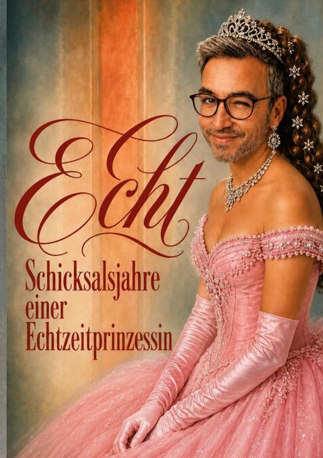 „Echt Schicksalsjahre einer Echtzeitprinzessin“: Ein Mann posiert in rosa Prinzessinnenkleid mit Tiara und Schmuck.