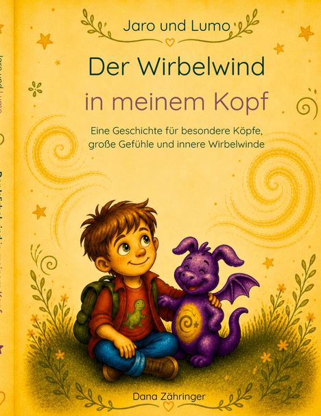 Der Text lautet: "Jaro und Lumo - Der Wirbelwind in meinem Kopf." Unten ein Junge mit einem lila Drachen auf einer Wiese.