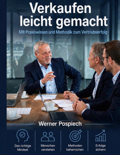 „Verkaufen leicht gemacht“; „Mit Praxiswissen und Methodik zum Vertriebserfolg“. Drei Männer in Anzügen bei einem Meeting.