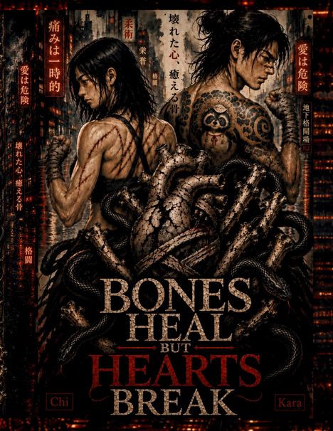"BONES HEAL BUT HEARTS BREAK". Zwei tätowierte Kämpfer mit Schlangen, Narben und asiatischem Schriftzeichen-Hintergrund.