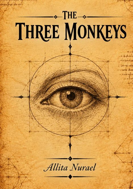 Text: "The Three Monkeys" und "Allita Nurael". Eine Illustration zeigt ein detailliertes Auge mit geometrischen Linien.
