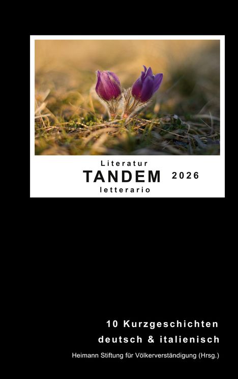 Literatur TANDEM letterario 2026. 10 Kurzgeschichten deutsch & italienisch. Zwei lila Krokusblüten in Gras.