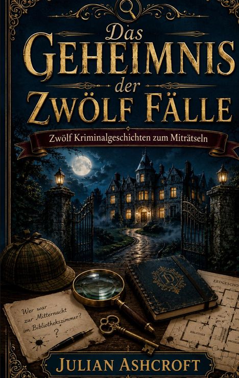 „Das Geheimnis der Zwölf Fälle“ und „Julian Ashcroft“. Vor einem Herrenhaus bei Nacht: Lupe, Schlüssel, Notizen, Lageplan.