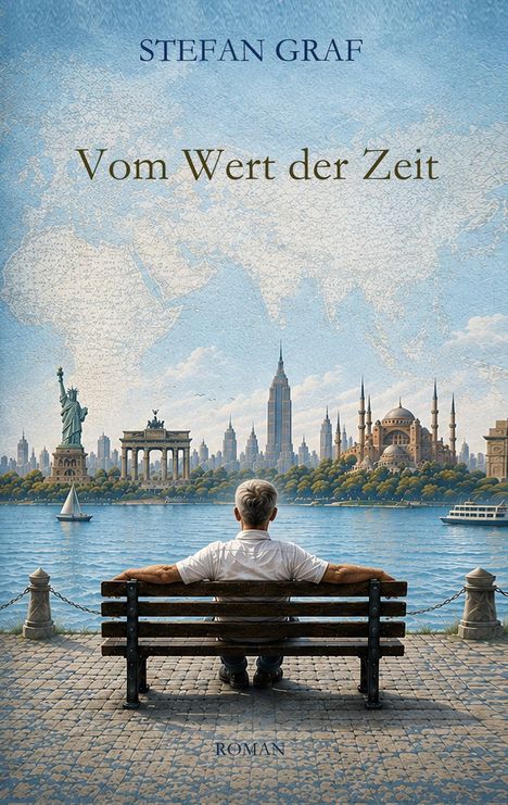 "STEFAN GRAF – Vom Wert der Zeit – ROMAN." Ein Mann sitzt auf einer Bank, blickt auf eine Stadtlandschaft mit bekannten Wahrzeichen.