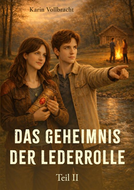 Oben Text: "Karin Vollbracht". Unten Text: "Das Geheimnis der Lederrolle, Teil II". Zwei Personen vor Herbstlandschaft.
