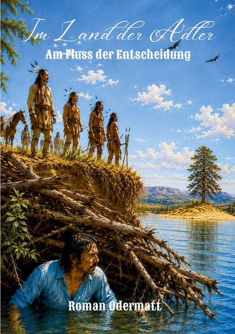 Text: „Im Land der Adler“, „Am Fluss der Entscheidung“, „Roman Odermatt“. Illustration: Ufer mit Eingeborenen und einem Mann im Wasser.
