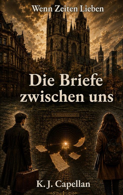 „Wenn Zeiten Lieben“, „Die Briefe zwischen uns“, „Hauptbahnhof“, „K.J. Capellan“. Zwei Personen vor einem beleuchteten Tunnel.