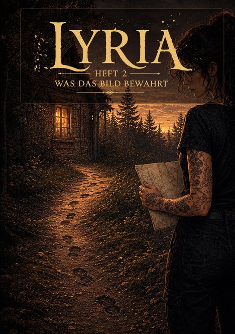 "Lyria, Heft 2, Was das Bild bewahrt." Illustration einer Person mit Karte vor einer Hütte im Wald, Dämmerungshimmel.