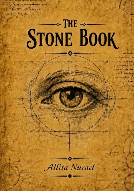 "The Stone Book, Allita Nurael." Zeichnung eines Auges auf antikem Pergament. Geometrische Linien und Formeln.