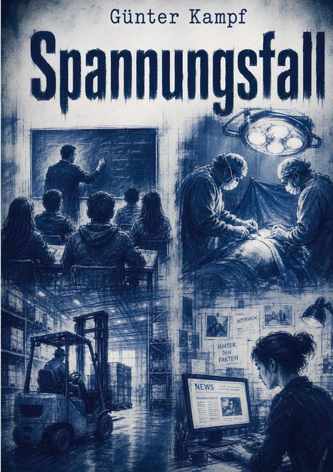 "Spannungsfall" von Günter Kampf oben, verschiedene Szenen: Lehrer an Tafel, Operation, Lagerhaus mit Gabelstapler, Frau am PC.