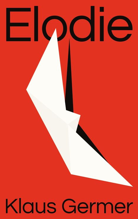 „Elodie“ und „Klaus Germer“ in schwarzer Schrift auf rotem Hintergrund; abstraktes, weißes Origami-Design.