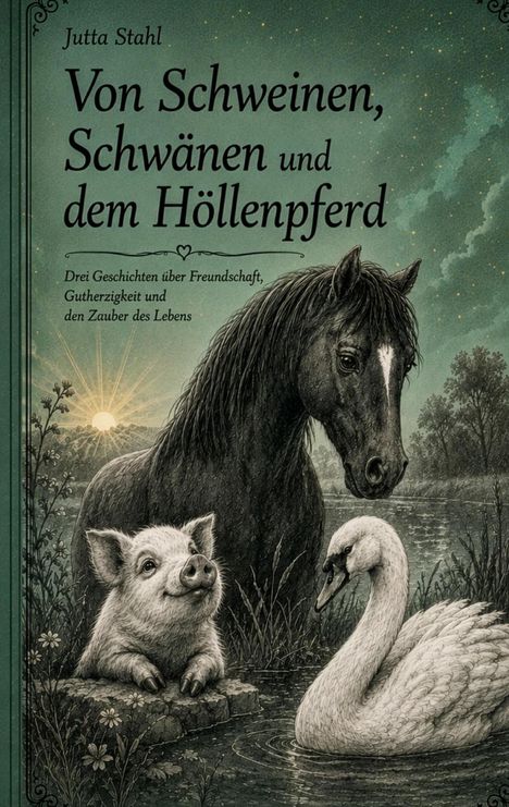 „Von Schweinen, Schwänen und dem Höllenpferd“. Ein Schwein, ein Schwan und ein Pferd in idyllischer Landschaft.