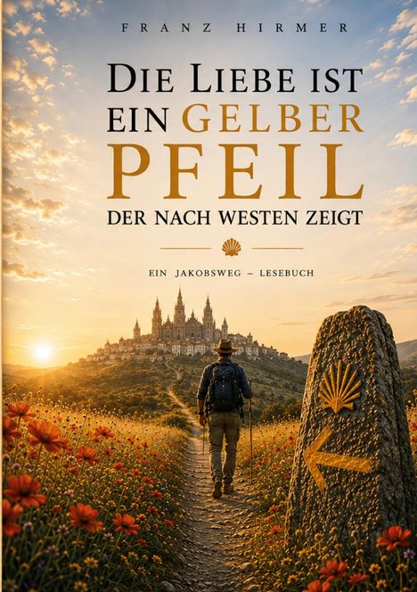 „Die Liebe ist ein gelber Pfeil, der nach Westen zeigt. Ein Jakobsweg – Lesebuch.“ Ein Wanderer vor einer Stadt bei Sonnenuntergang.
