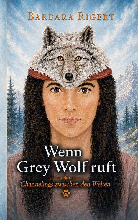 Titel: "Wenn Grey Wolf ruft". Illustration: Eine Frau mit Wolfspelz auf dem Kopf, Berglandschaft im Hintergrund.