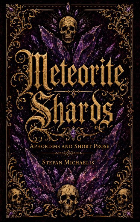 „Meteorite Shards“, „Aphorisms and Short Prose“, „Stefan Michaelis“. Goldene Schrift, violette Edelsteine, Totenköpfe.