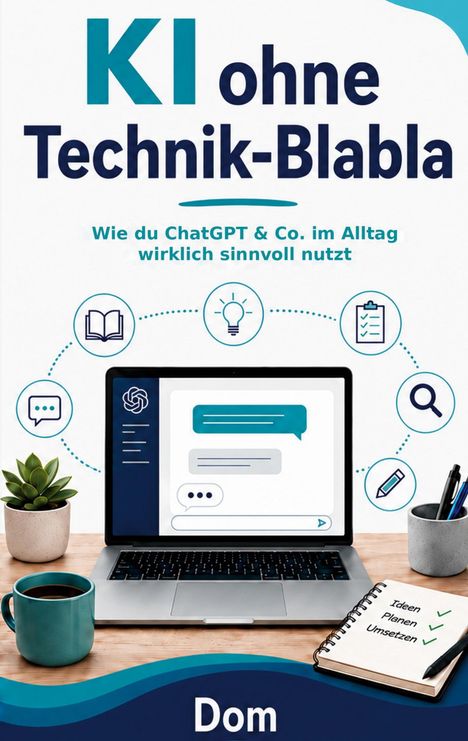„KI ohne Technik-Blabla. Wie du ChatGPT & Co. im Alltag wirklich sinnvoll nutzt.“ Laptop, Pflanzen, Notizbuch.