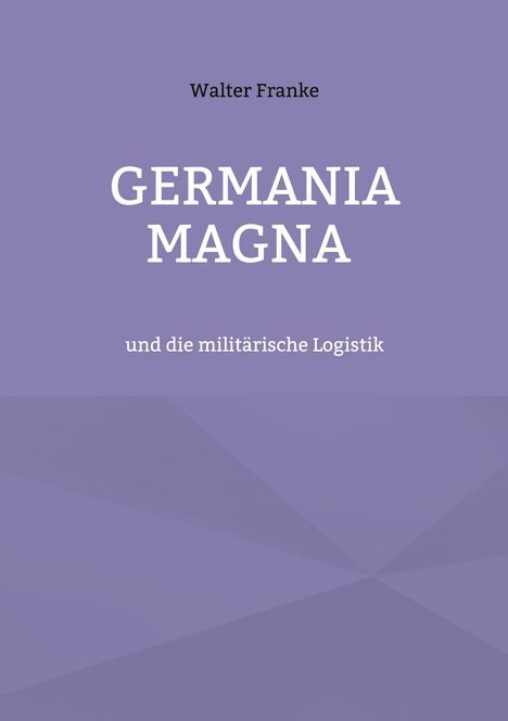 Text: "Walter Franke, GERMANIA MAGNA und die militärische Logistik." Lila Hintergrund mit geometrischen Mustern.