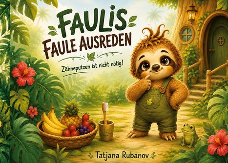 "FAULIS FAULE AUSREDEN. Zähneputzen ist nicht nötig! Tatjana Rubanov." Ein Faultier in Latzhose, Obstkorb, Zahnbürste.