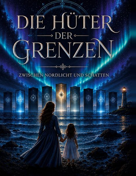 „Die Hüter der Grenzen: Zwischen Nordlicht und Schatten“. Illustration: Frau und Kind am Meer vor leuchtenden Toren.