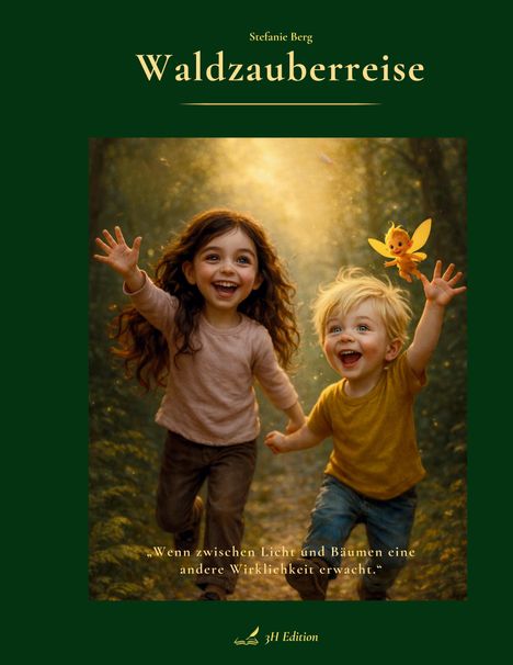 Text: "Stefanie Berg, Waldzauberreise, Wenn zwischen Licht und Bäumen eine andere Wirklichkeit erwacht." Zwei lachende Kinder im Wald.