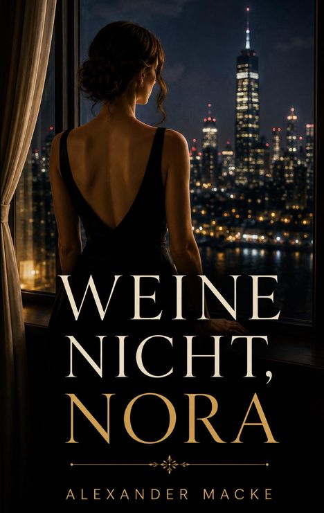 "Weine nicht, Nora. Alexander Macke." Eine Frau in einem schwarzen Kleid blickt nachts aus einem Fenster auf eine Stadt.