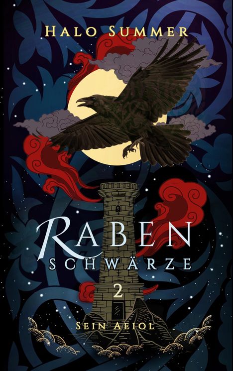 Titel: "Raben Schwarze 2: Sein Aeol". Illustration: Ein Rabe fliegt vor einem Turm, umgeben von Wolken und roten Elementen.