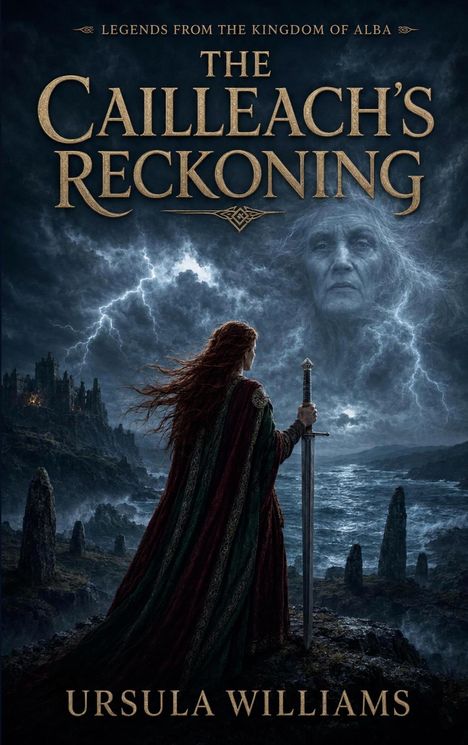 "Legends from the Kingdom of Alba. The Cailleach's Reckoning. Ursula Williams." Eine Frau mit Schwert blickt auf Sturmsee.