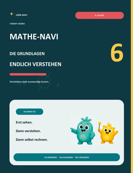 „MATHE-NAVI – DIE GRUNDLAGEN ENDLICH VERSTEHEN. 6. Klasse“; Illustration mit zwei bunten Figuren.