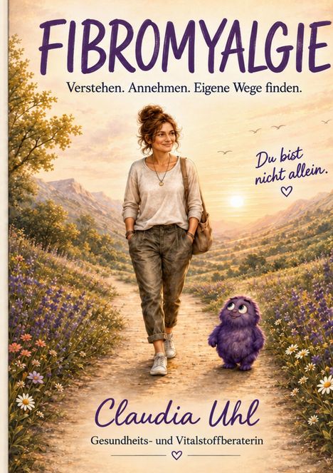 "FIBROMYALGIE: Verstehen. Annehmen. Eigene Wege finden. Du bist nicht allein. Claudia Uhl. Gesundheits- und Vitalstoffberaterin." Eine Frau spaziert mit einer lila, flauschigen Kreatur auf einem Weg, umgeben von Blumen und Bergen.