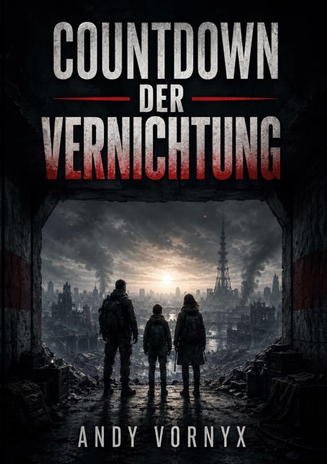 „COUNTDOWN DER VERNICHTUNG“, „ANDY VORNYX“. Drei Personen blicken auf zerstörte Stadtlandschaft mit düsterem Himmel.