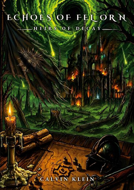"Echoes of Felorn: Heirs of Decay" über einer brennenden, gotischen Burg. Vordergrund zeigt Kerze, Helm, Karte.