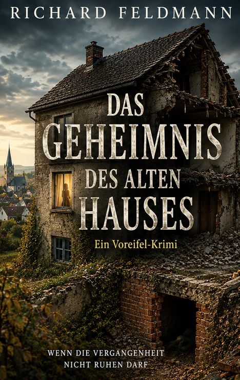 "Das Geheimnis des alten Hauses. Ein Voreifel-Krimi. Wenn die Vergangenheit nicht ruhen darf." Verfallenes Haus in ländlicher Umgebung.