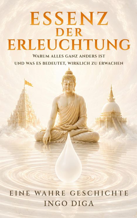 Text: "Essenz der Erleuchtung. Warum alles ganz anders ist und was es bedeutet, wirklich zu erwachen. Eine wahre Geschichte. Ingo Diga." 

Illustration: Buddha-Figur in meditativer Pose mit Tempeln im Hintergrund.